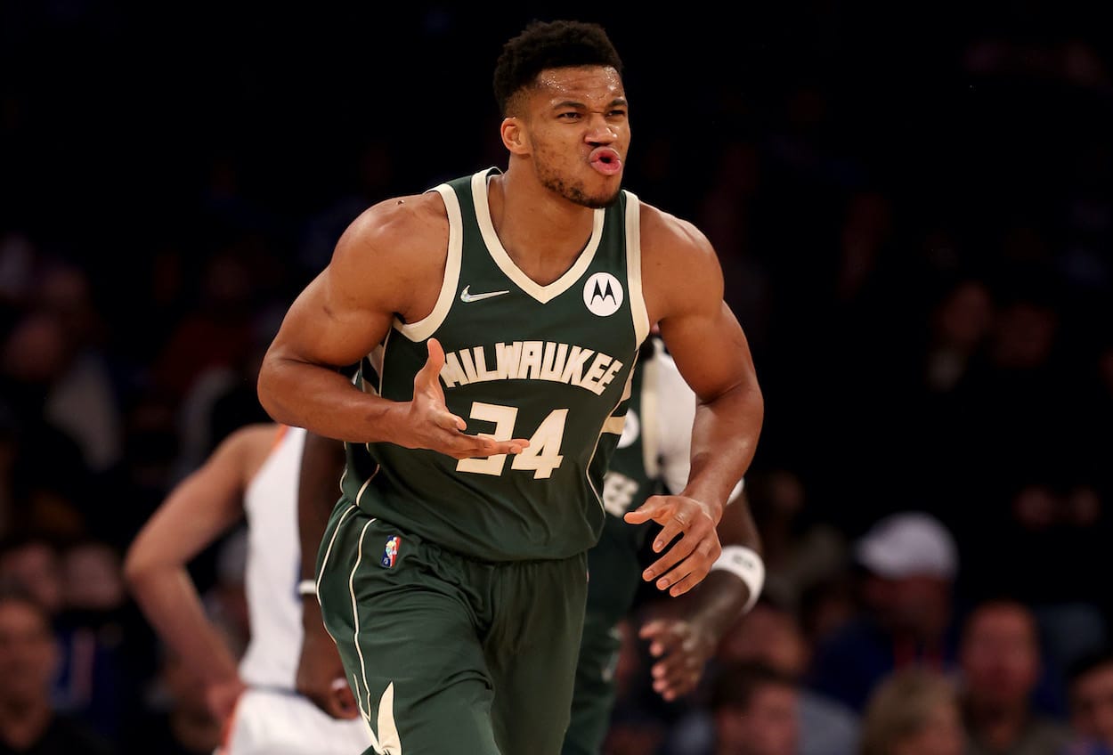 Giannis Antetokounmpo celebrates during a game.