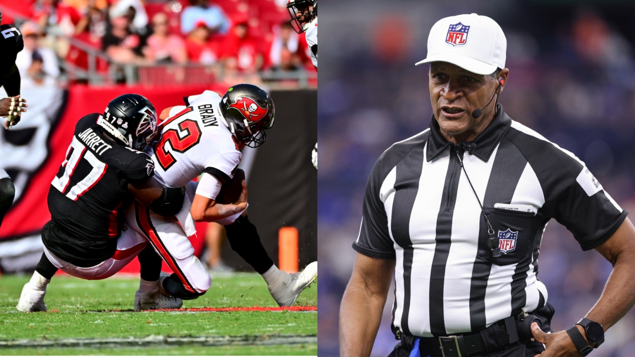 (L-R) Falcons Grady Jarrett sacks Buccaneers' Tom Brady, NLF referee Jerome Boger