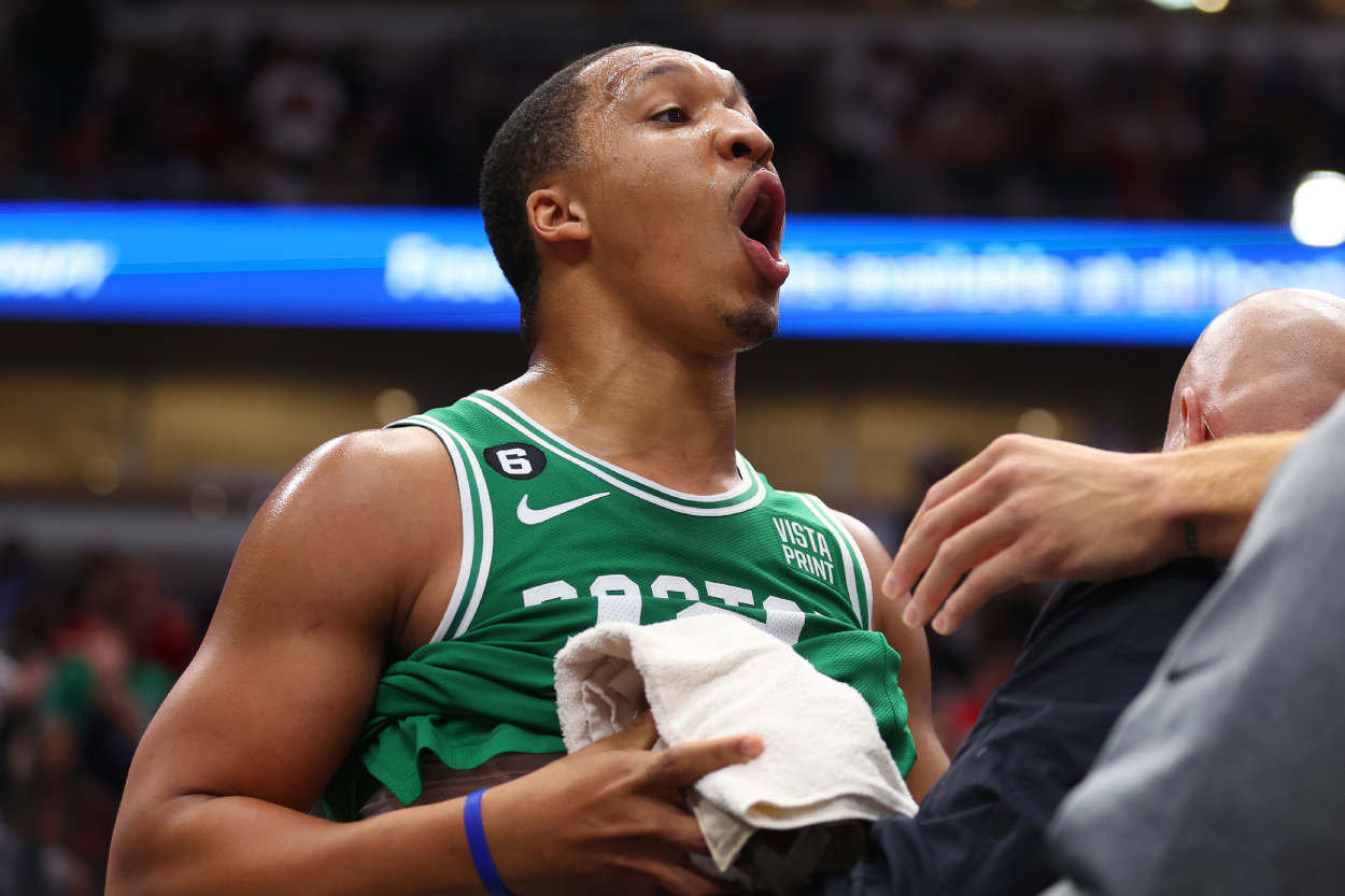 Grant Williams of the Boston Celtics reacts as he leaves the floor after being ejected from the game against the Chicago Bulls.