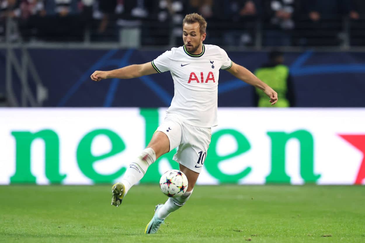 Tottenham striker Harry Kane controls the ball during a Champions League match.