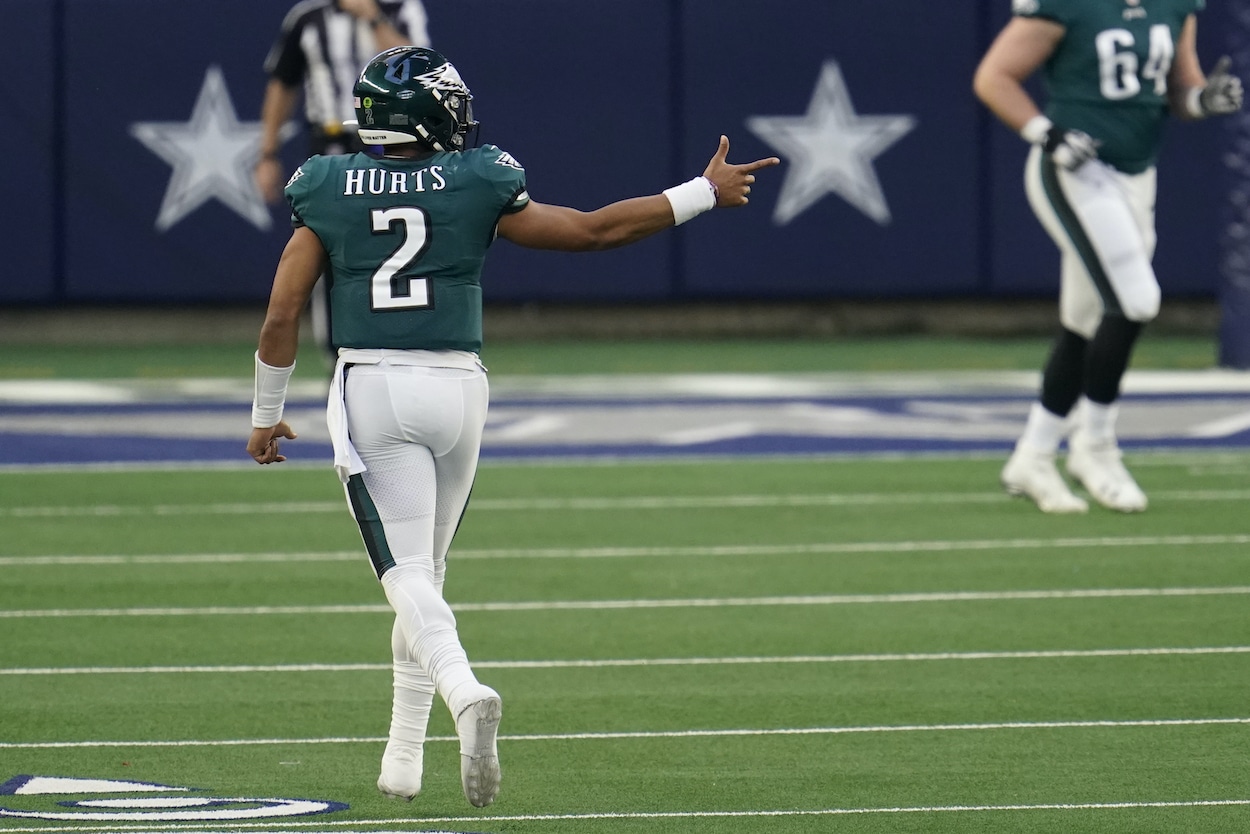 Jalen Hurts celebrates against the Cowboys.