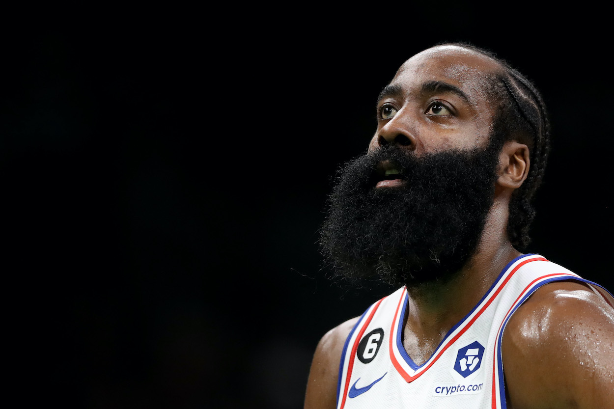 James Harden looks on during a game against the Celtics.