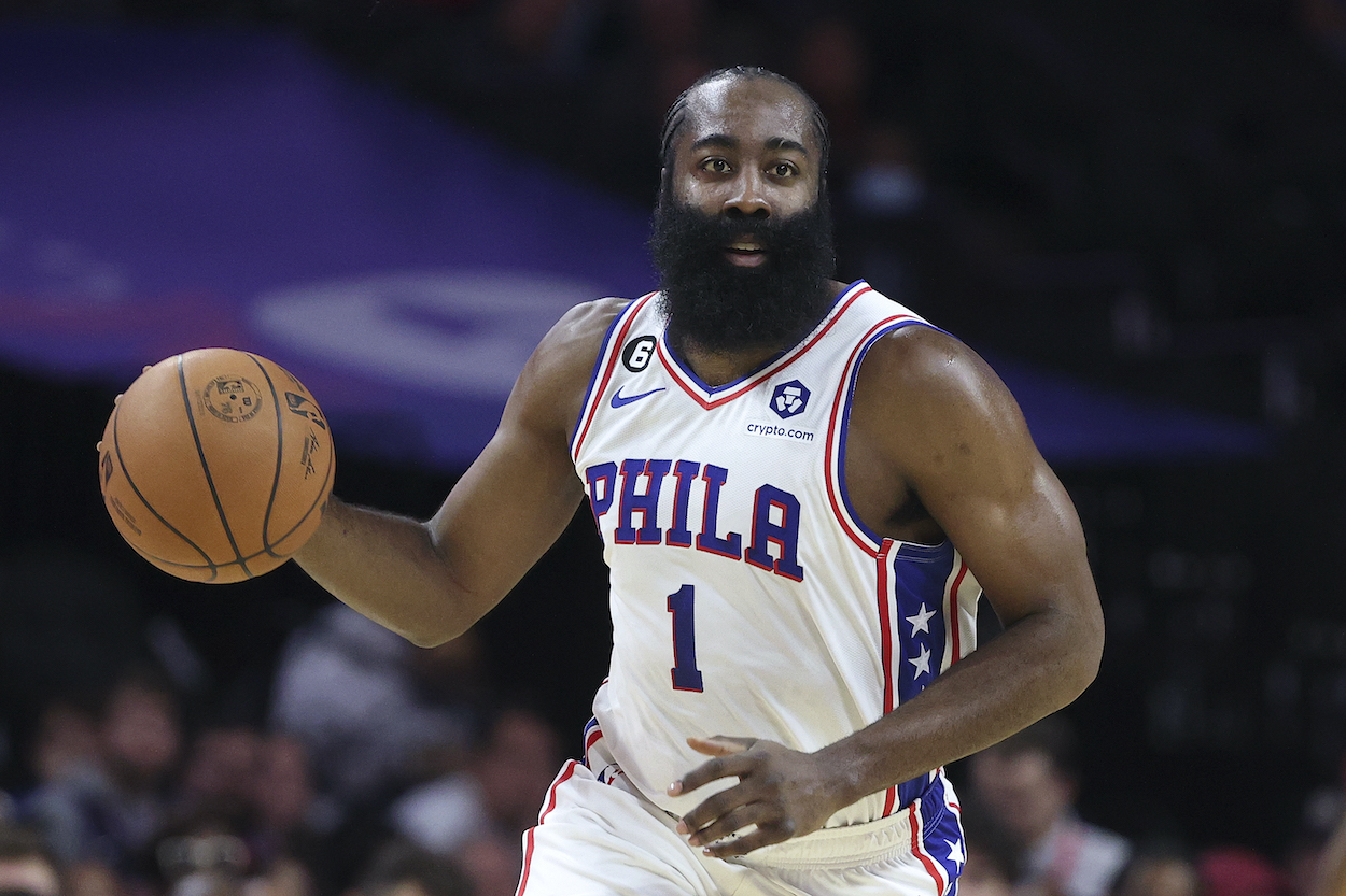 James Harden dribbles up the court against the Cavaliers.