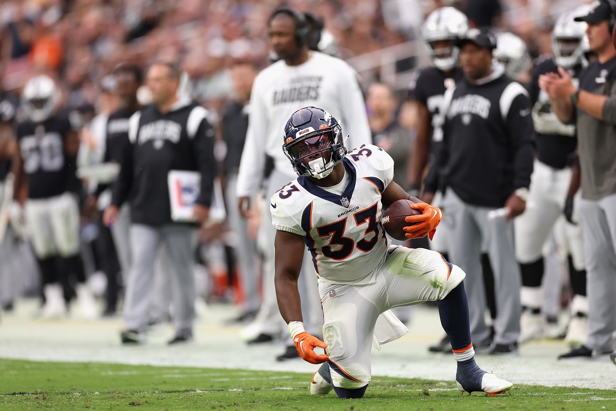 Javonte Williams during a Broncos-Raiders matchup in October 2022