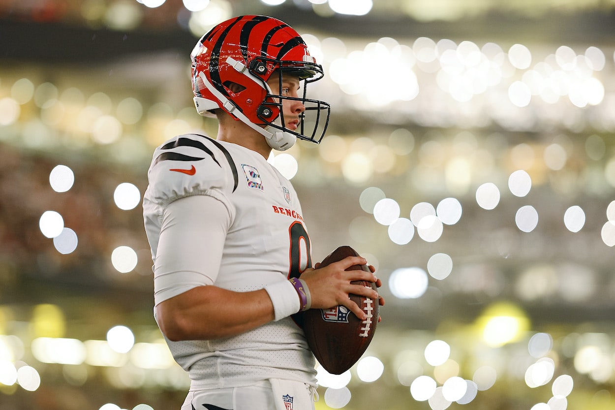 Joe Burrow looks on before a game against the Saints.