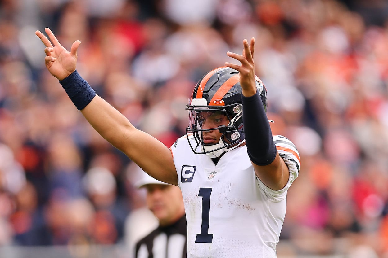 Justin Fields celebrates a touchdown.