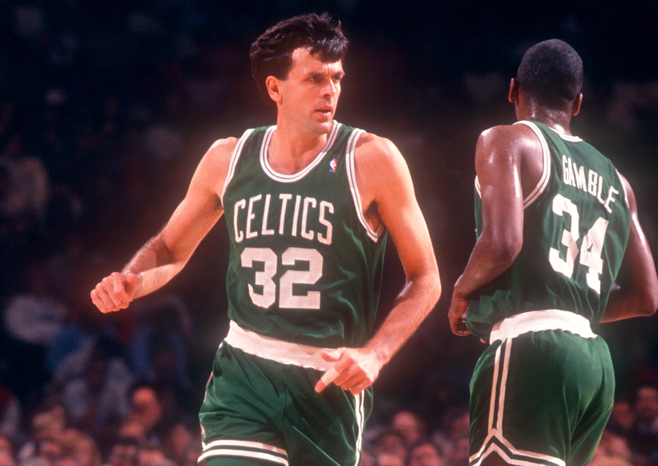 Kevin McHale of the Boston Celtics runs up the court.