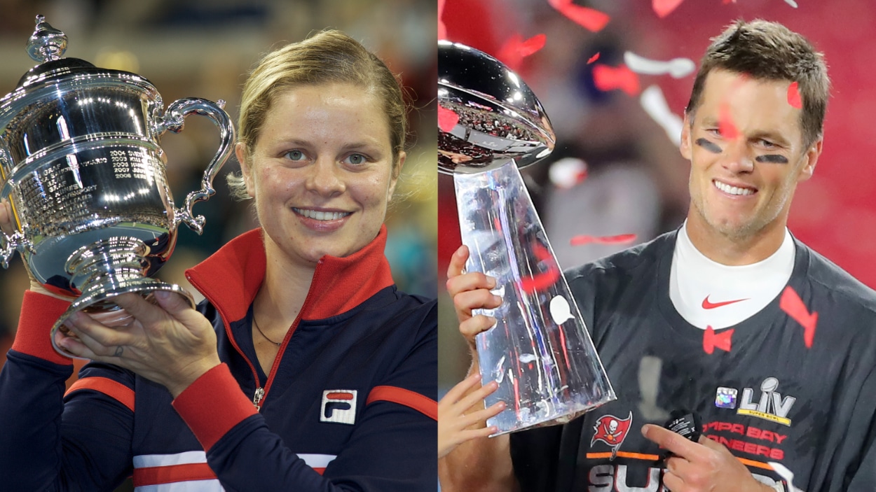 (L-R) retired tennis legend Kim Clijsters and Tampa Bay Buccaneers QB Tom Brady.