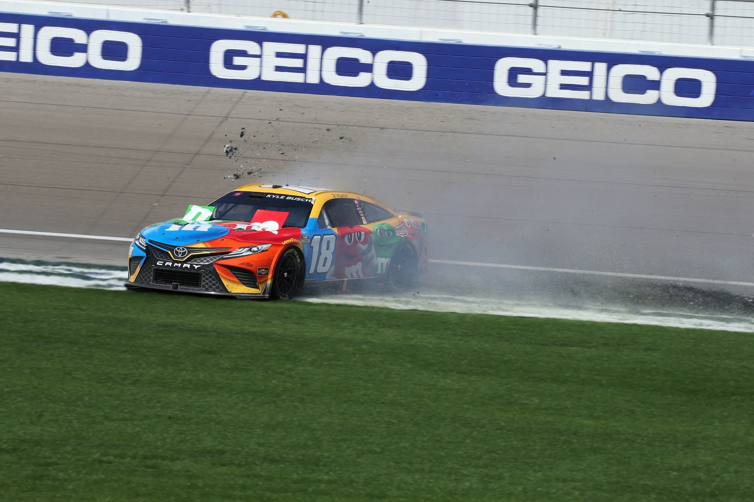 Kyle Busch spins out and crashes in Turn 4 during the South Point 400 NASCAR Cup Series race on Oct. 16, 2022, at Las Vegas Motor Speedway.