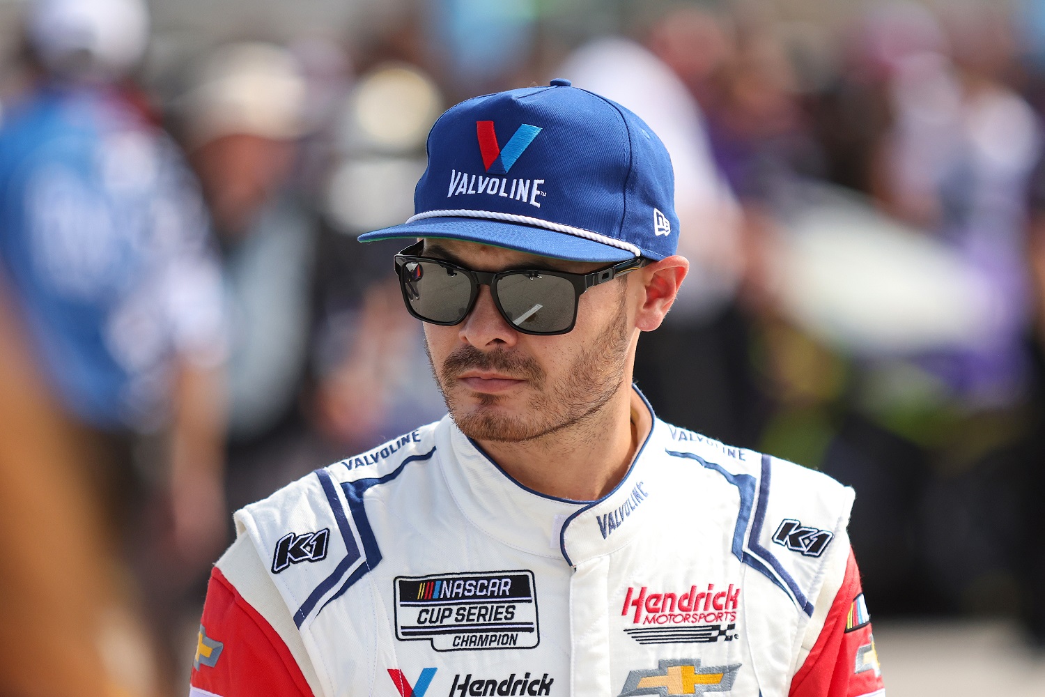 Kyle Larson looks on during qualifying for the NASCAR Cup Series Dixie Vodka 400 at Homestead-Miami Speedway on Oct. 22, 2022.