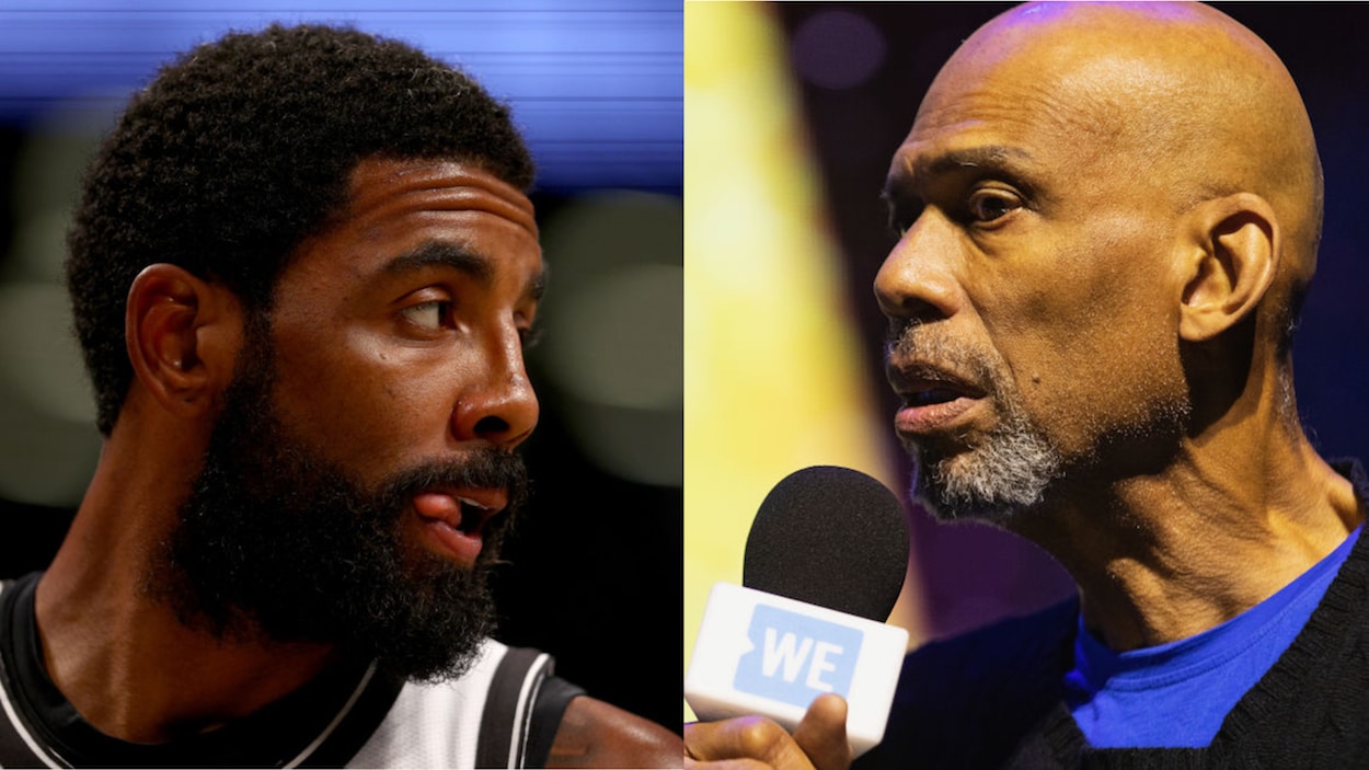 Brooklyn Nets guard Kyrie Irving (L) and NBA legend Kareem Abdul-Jabbar (R).