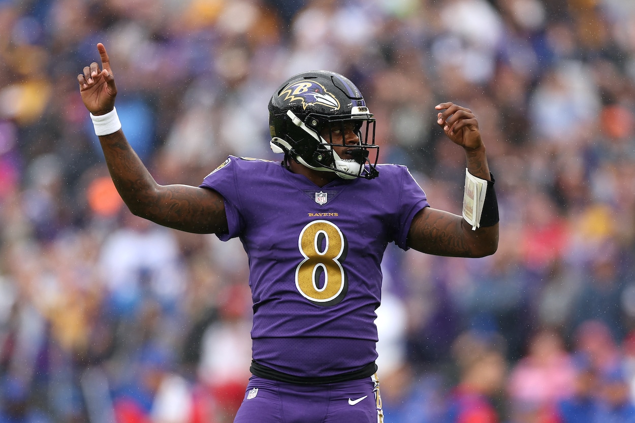 Lamar Jackson celebrates a touchdown.