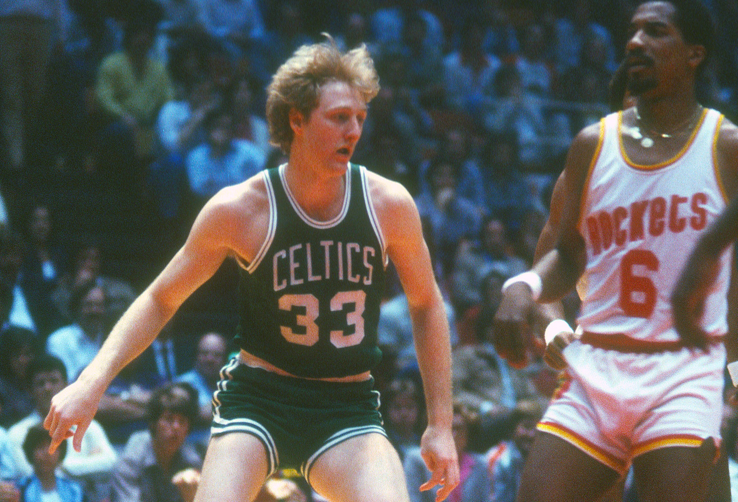 Larry Bird of the Boston Celtics in action against the Houston Rockets.