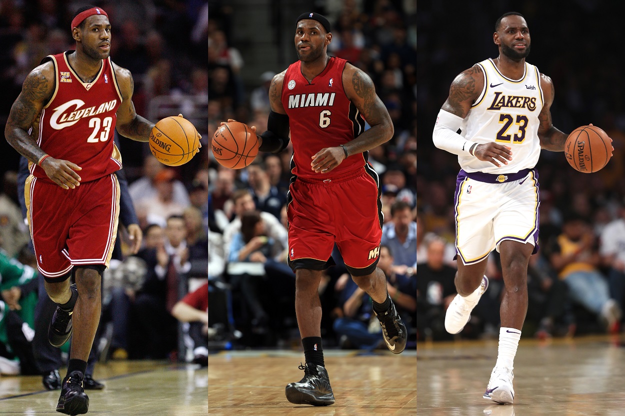 LeBron James collage with the Cavaliers, Heat, and Lakers