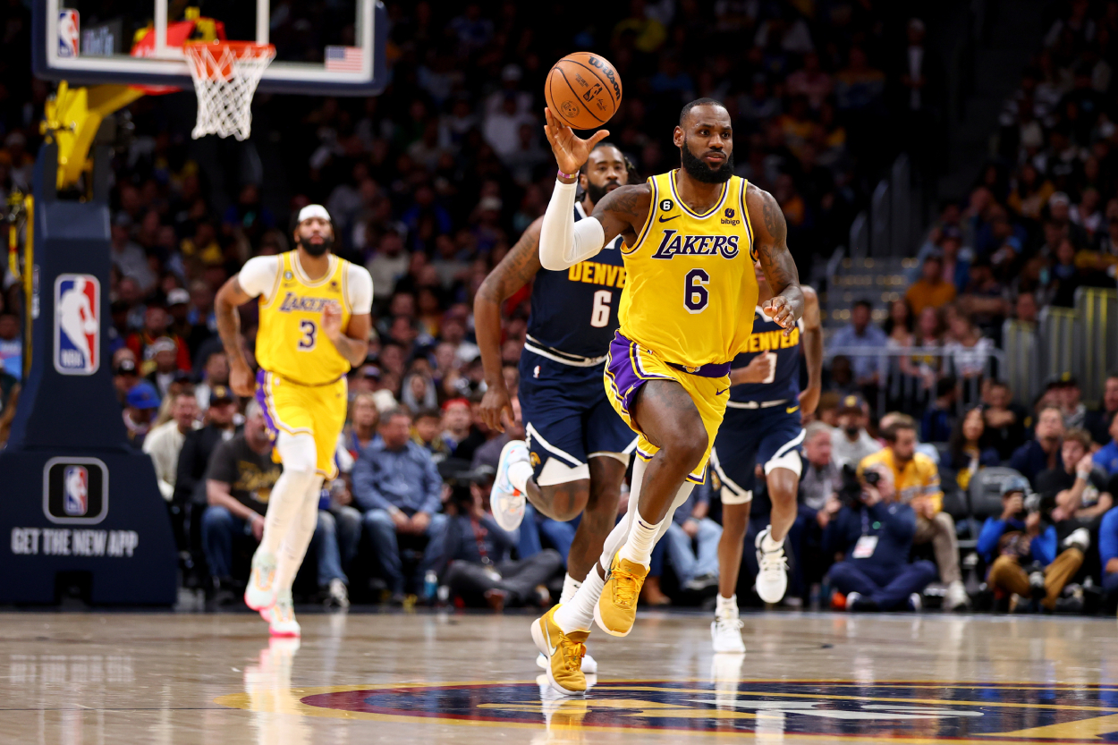 LeBron James of the Los Angeles Lakers drives against the Denver Nuggets.