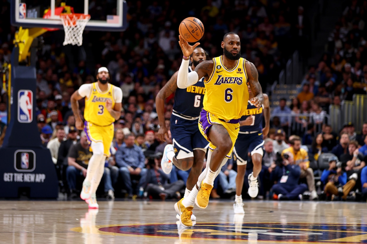 LeBron James of the Los Angeles Lakers drives against the Denver Nuggets.