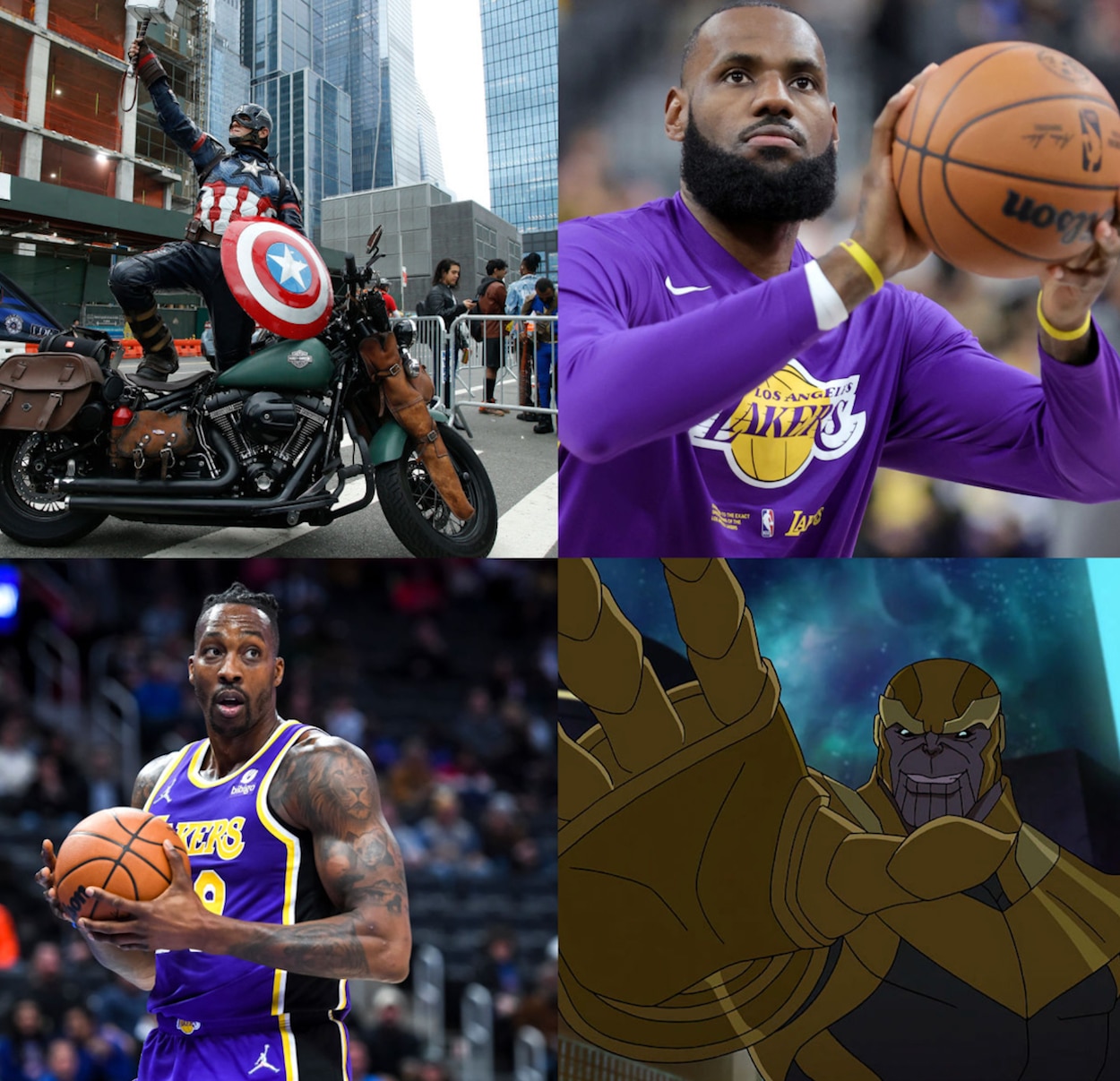 Captain America, LeBron James, Thaos, and Dwight Howard (Clockwise from top left).