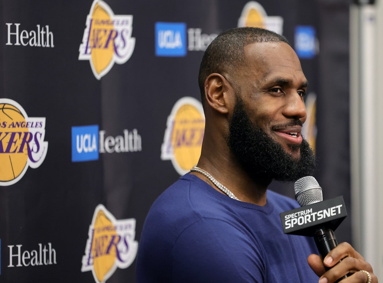 LeBron James speaks during a press conference.