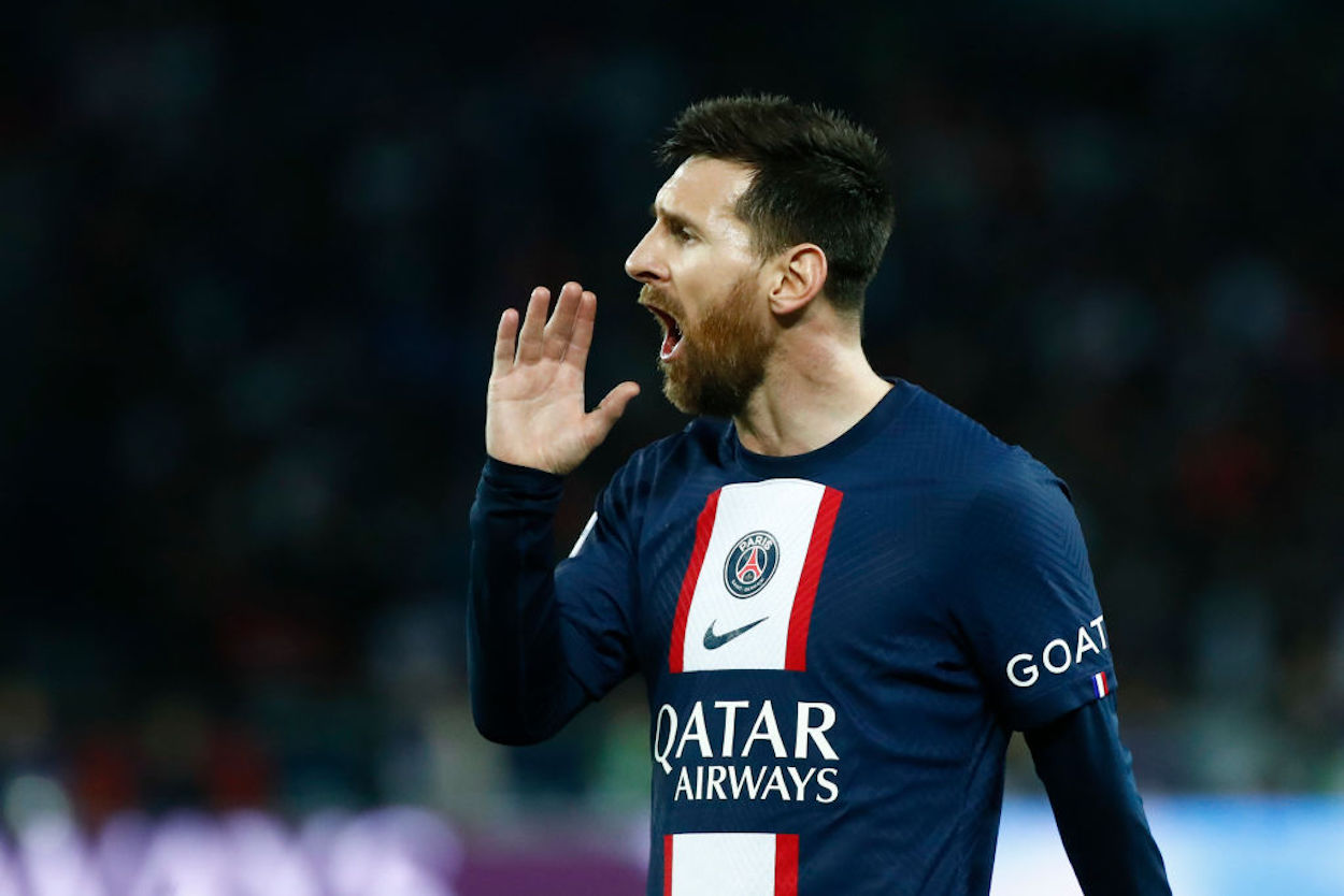 PSG forward Lionel Messi yells on the pitch.