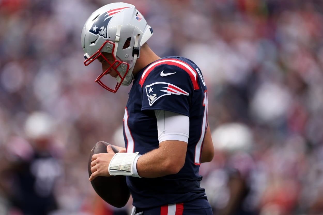 Mac Jones of the New England Patriots looks on during the game against the Baltimore Ravens.