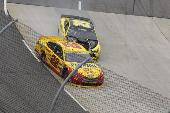 Matt Kenseth collides with Joey Logano during the NASCAR Goody's Headache Relief Shot 500 at Martinsville Speedway on Nov. 1, 2015.