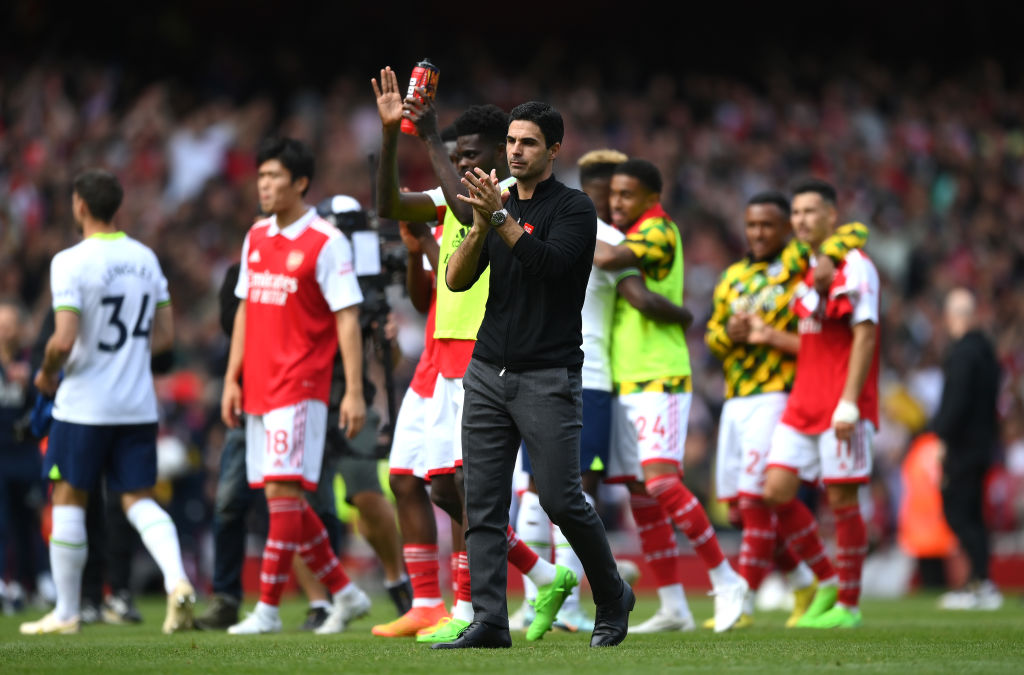Arsenal manager Mikel Arteta applauds fans after a North London Derby win.