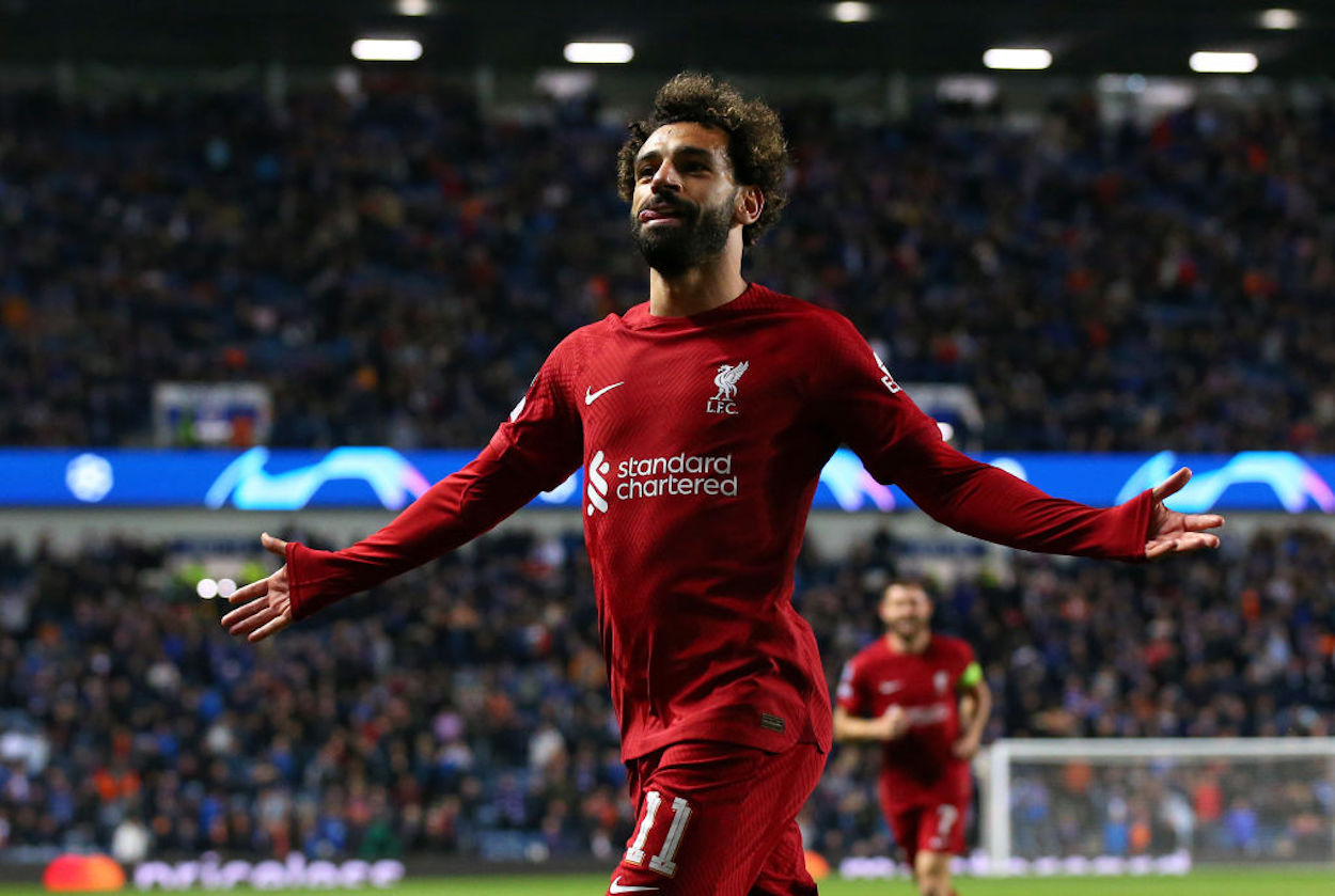 Liverpool's Mohamed Salah celebrates scoring a Champions League goal against Rangers.
