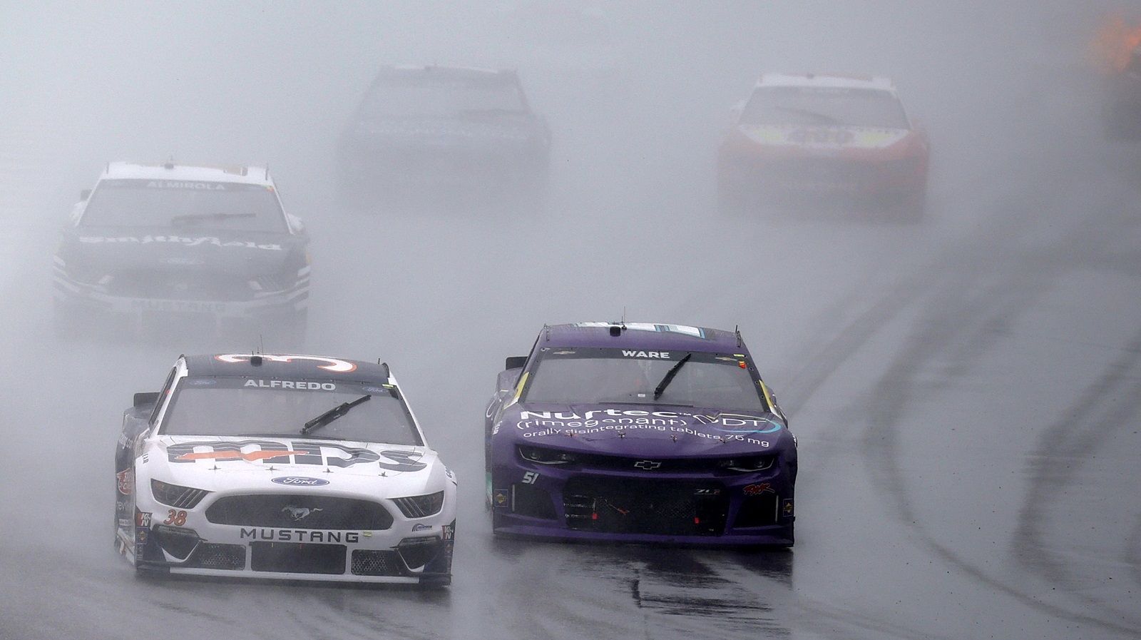Anthony Alfredo, driver of the No. 38 Ford, competes in heavy rain during the NASCAR Cup Series EchoPark Texas Grand Prix at Circuit of The Americas on May 23, 2021 in Austin, Texas.