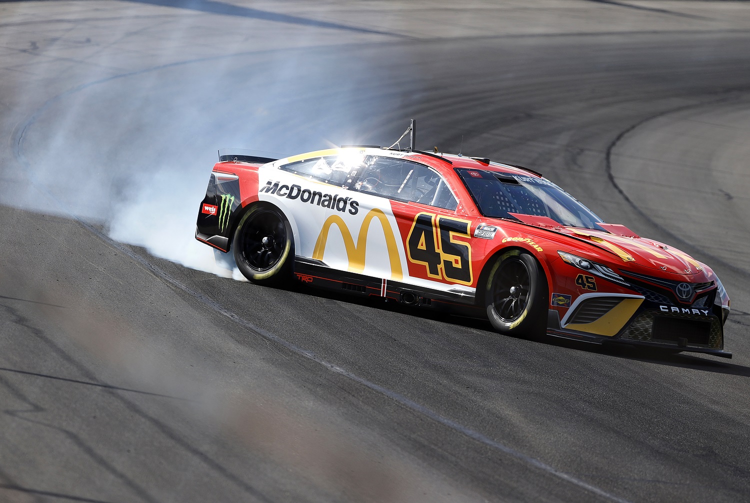 Kurt Busch spins after an on-track incident in the No. 45 Toyota during qualifying for the NASCAR Cup Series M&Ms Fan Appreciation 400 on July 23, 2022, in Long Pond, Pennsylvania.