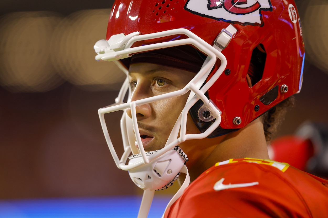 Patrick Mahomes looks on during a game against the Raiders.