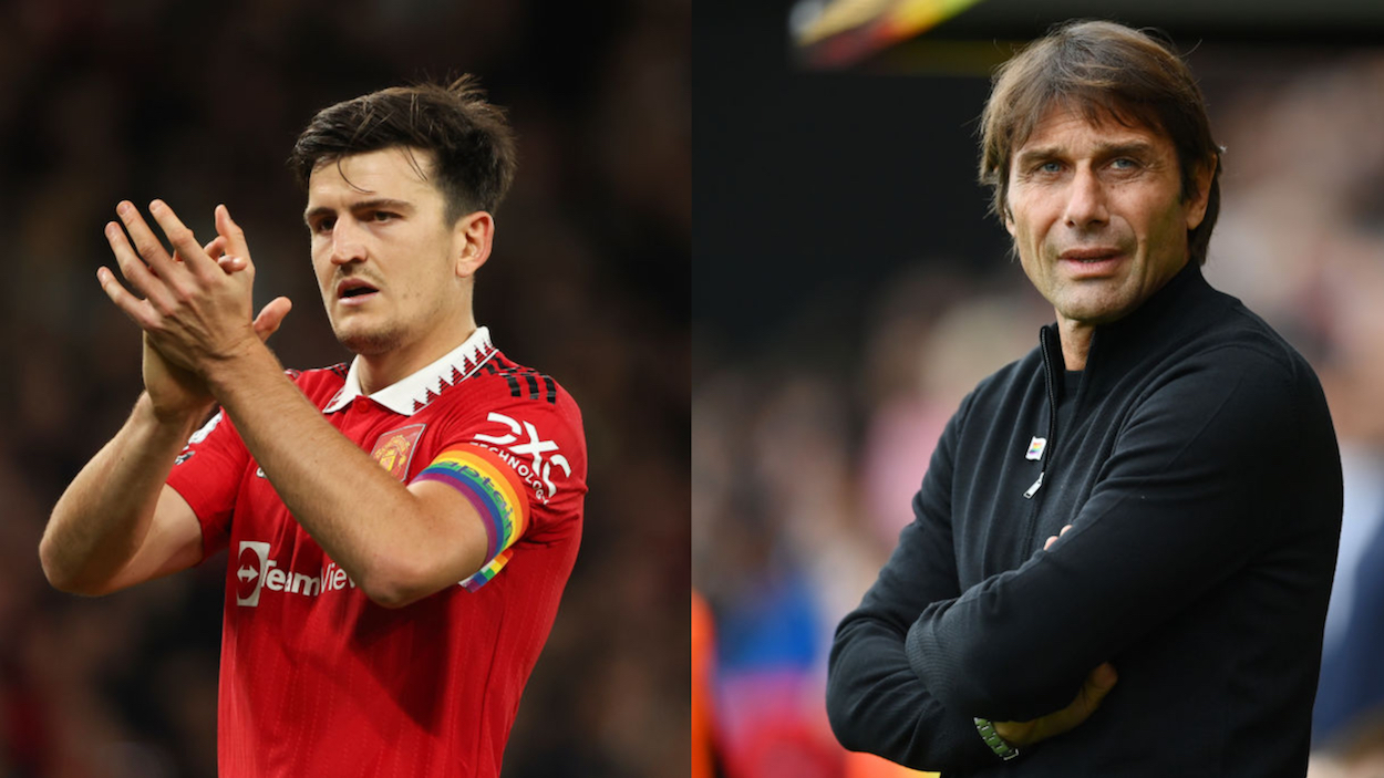 Harry Maguire (L) and Antonio Conte (R)during Premier League Matchday 14.