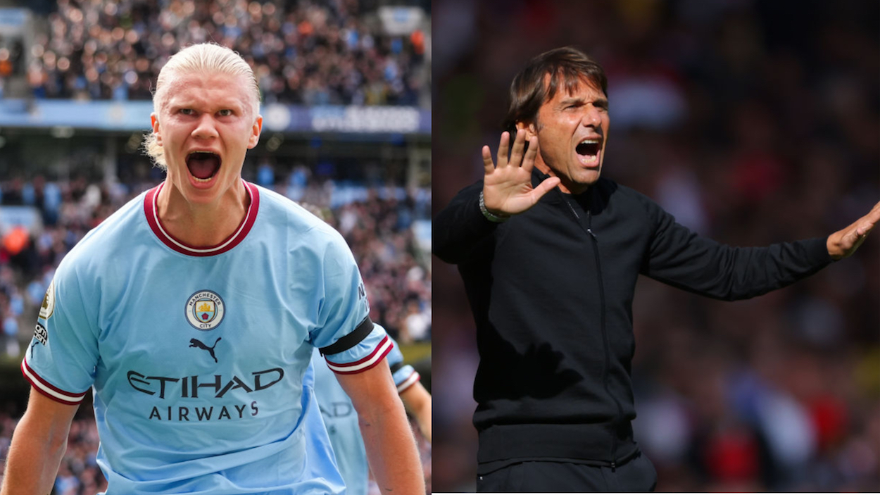 Manchester City striker Erling Haaland (L) and Tottenham manager Antonio Conte (R).