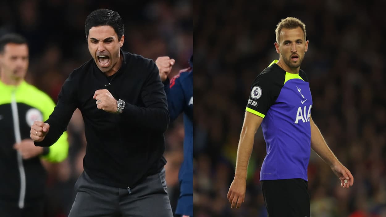 Arsenal manager Mikel Arteta (L) and Tottenham Hotspur striker Harry Kane (R).