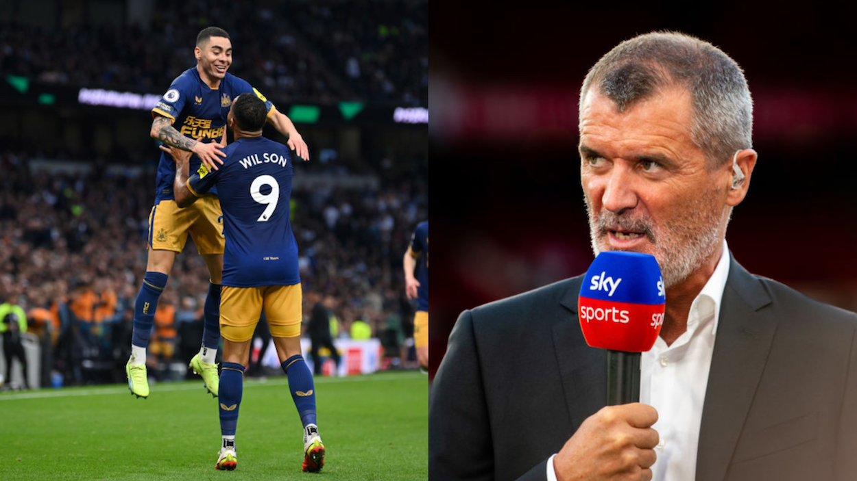 Miguel Almiron and Callum Wilson of Newcastle United (L) and pundit Roy Keane (R).