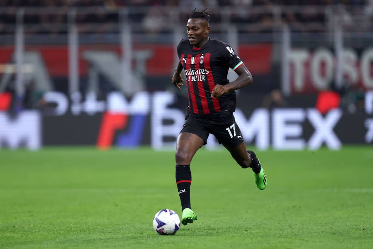 AC Milan forward Rafael Leao dribbles the ball.