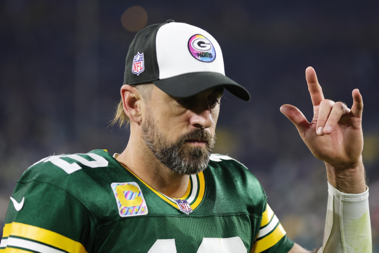 Aaron Rodgers of the Green Bay Packers celebrates after his team's 27-24 win.