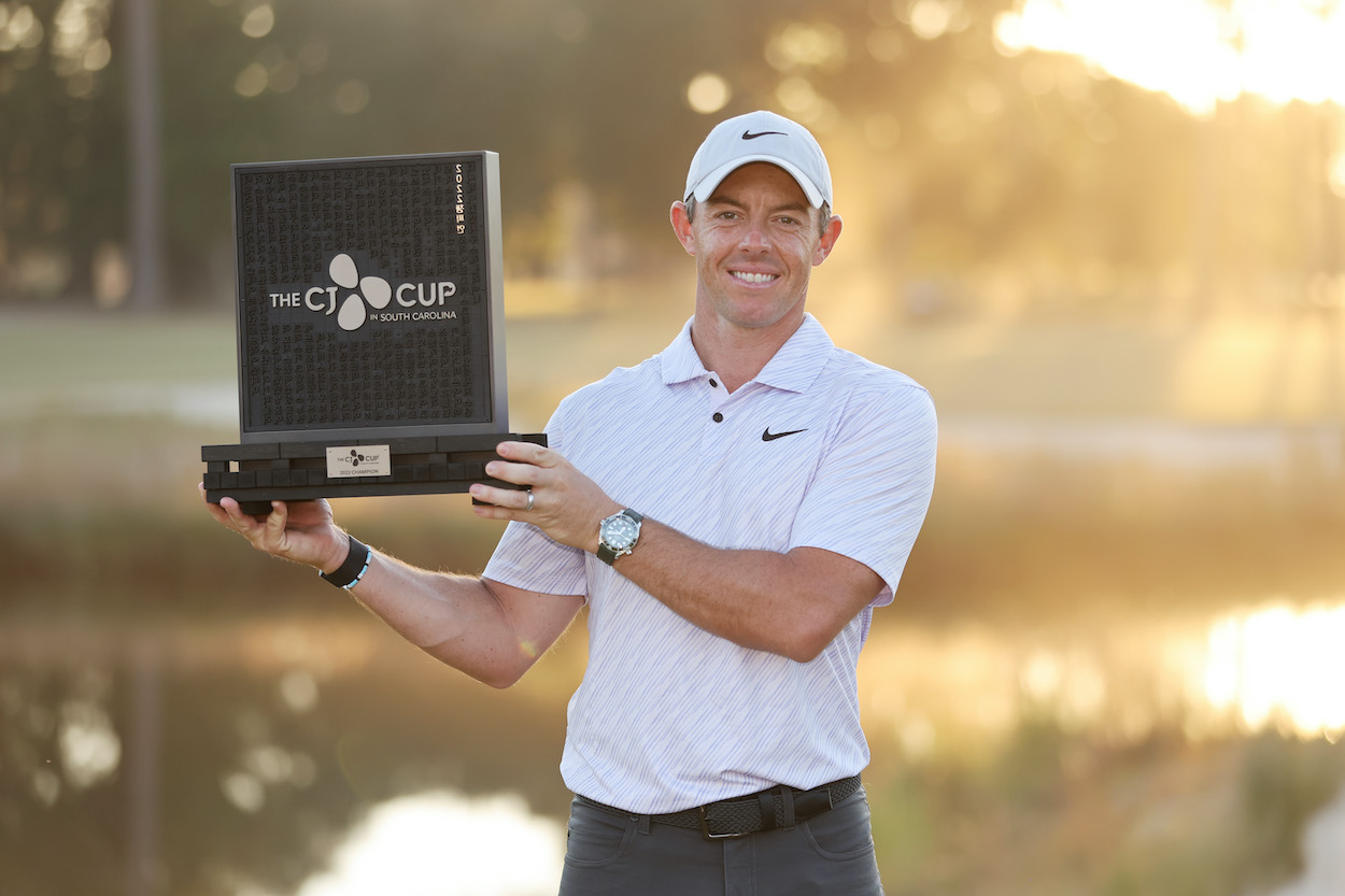 Rory McIlroy celebrates with the trophy after winning the CJ Cup.