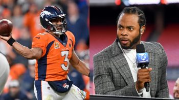 (L-R) Broncos QB Russell Wilson and his former Seahawks teammate and current Amazon Prime Thursday Night Football analyst Richard Sherman