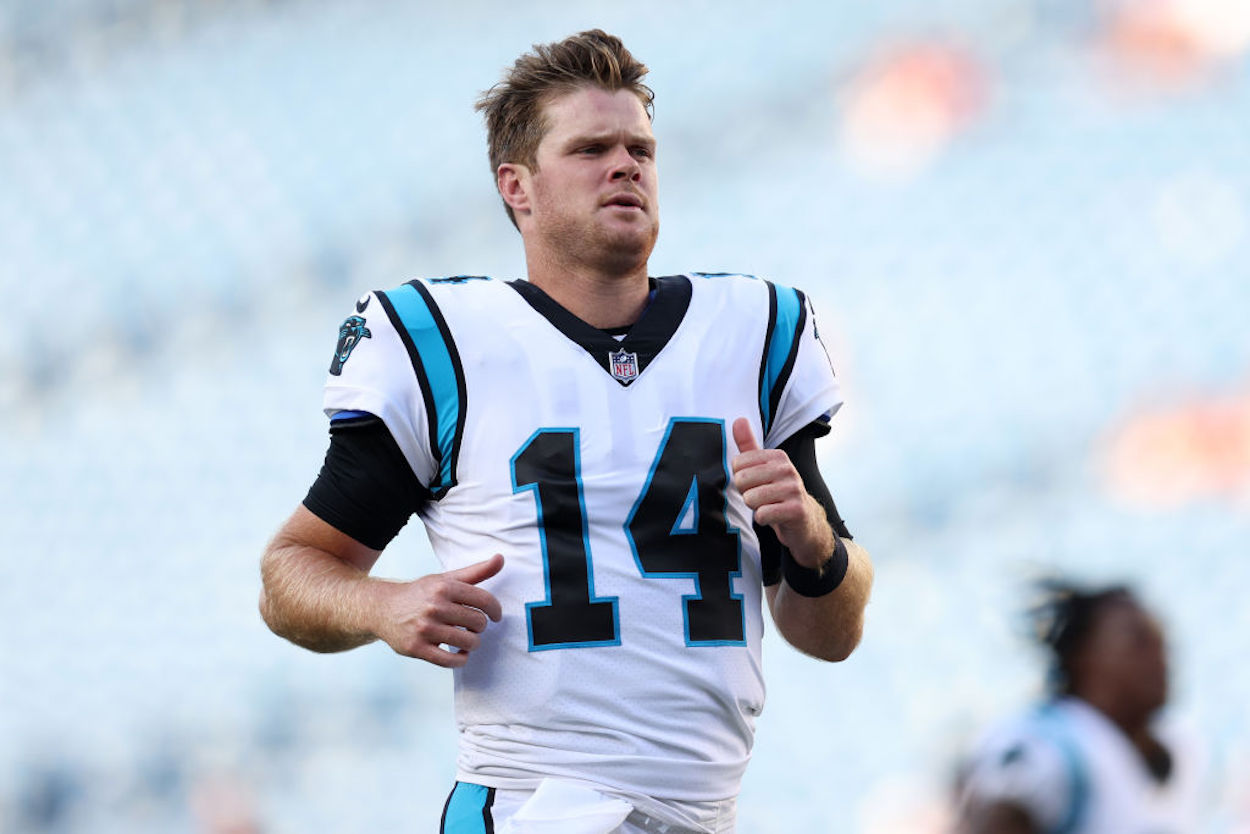 Carolina Panthers running back Sam Darnold warms up ahead of an NFL game.