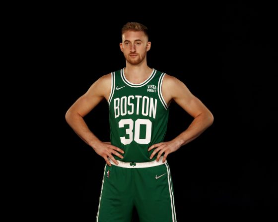 Sam Hauser #30 of the Boston Celtics poses for a photo during media day at High Output Studios on September 27, 2021 in Canton, Massachusetts.