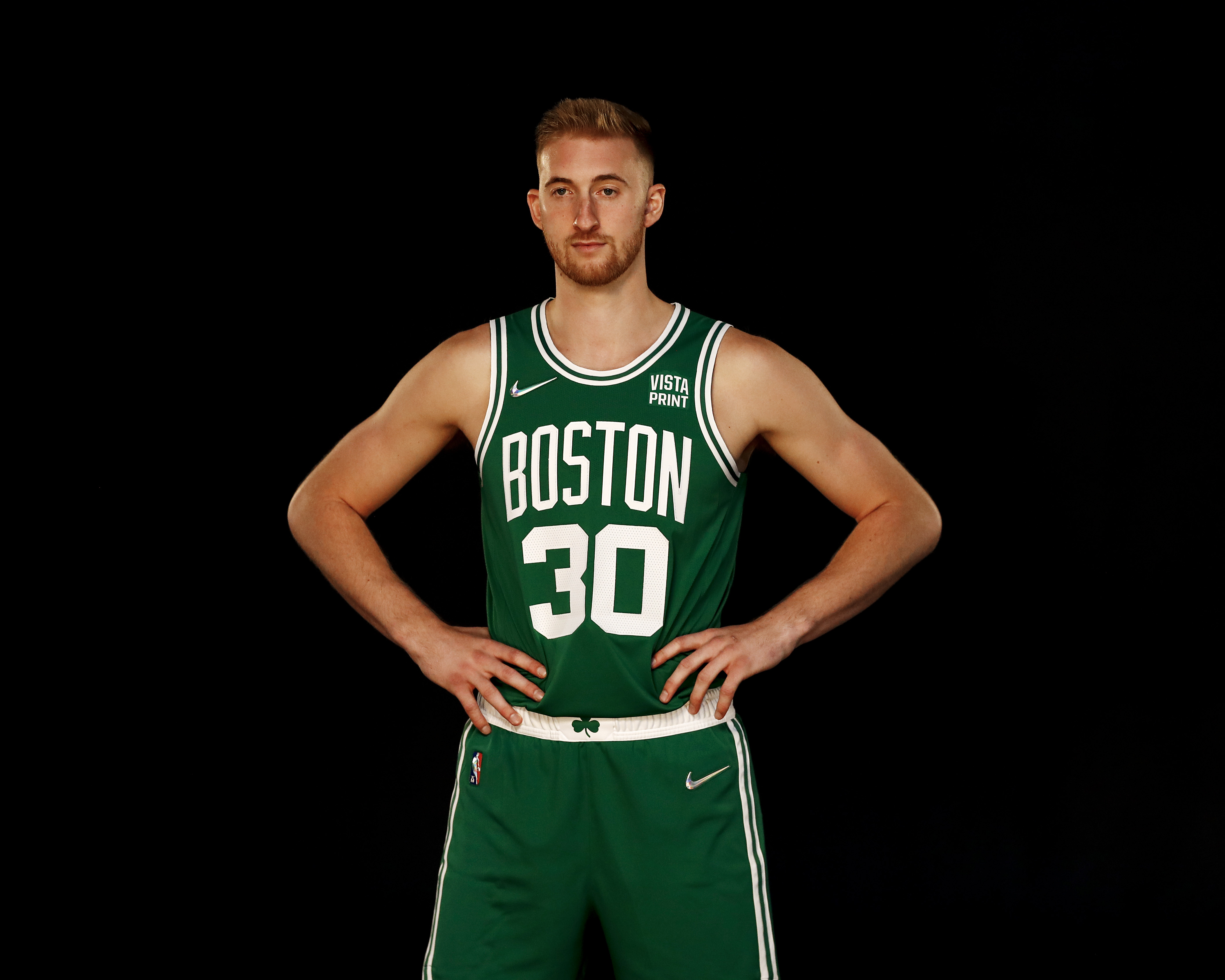 Sam Hauser #30 of the Boston Celtics poses for a photo during media day at High Output Studios on September 27, 2021 in Canton, Massachusetts.