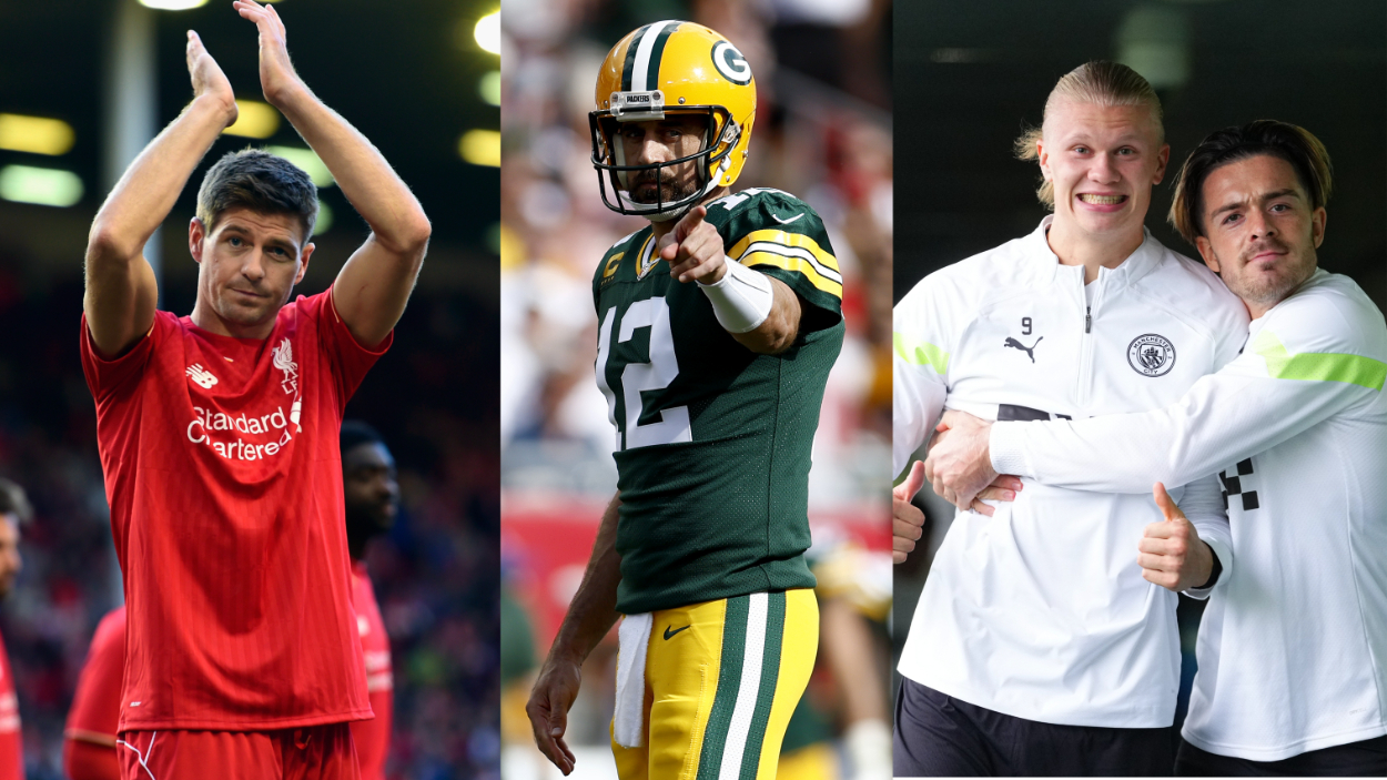 (L-R) Former Liverpool player Steven Gerrard, Green Bay Packers QB Aaron Rodgers, and current Manchester City players Erling Haaland and Jack Grealish.