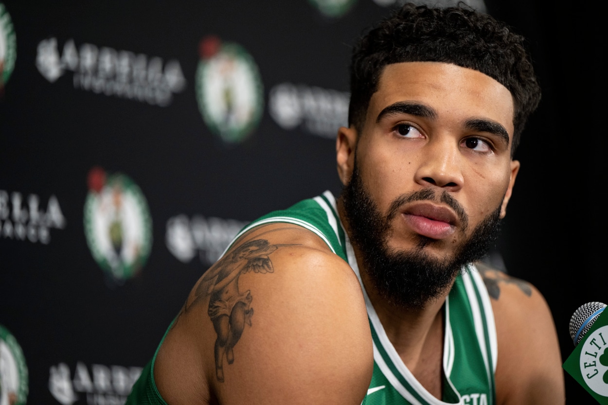 Jayson Tatum of the Boston Celtics addresses the media.