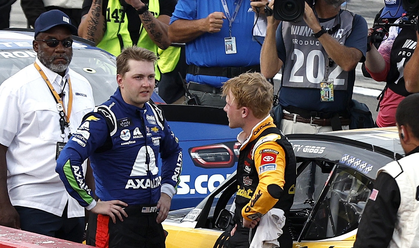 William Byron and Ty Gibbs talk after the NASCAR Xfinity Series Sunoco Go Rewards 200 at The Glen at Watkins Glen International on Aug. 20, 2022. | Sean Gardner/Getty Images