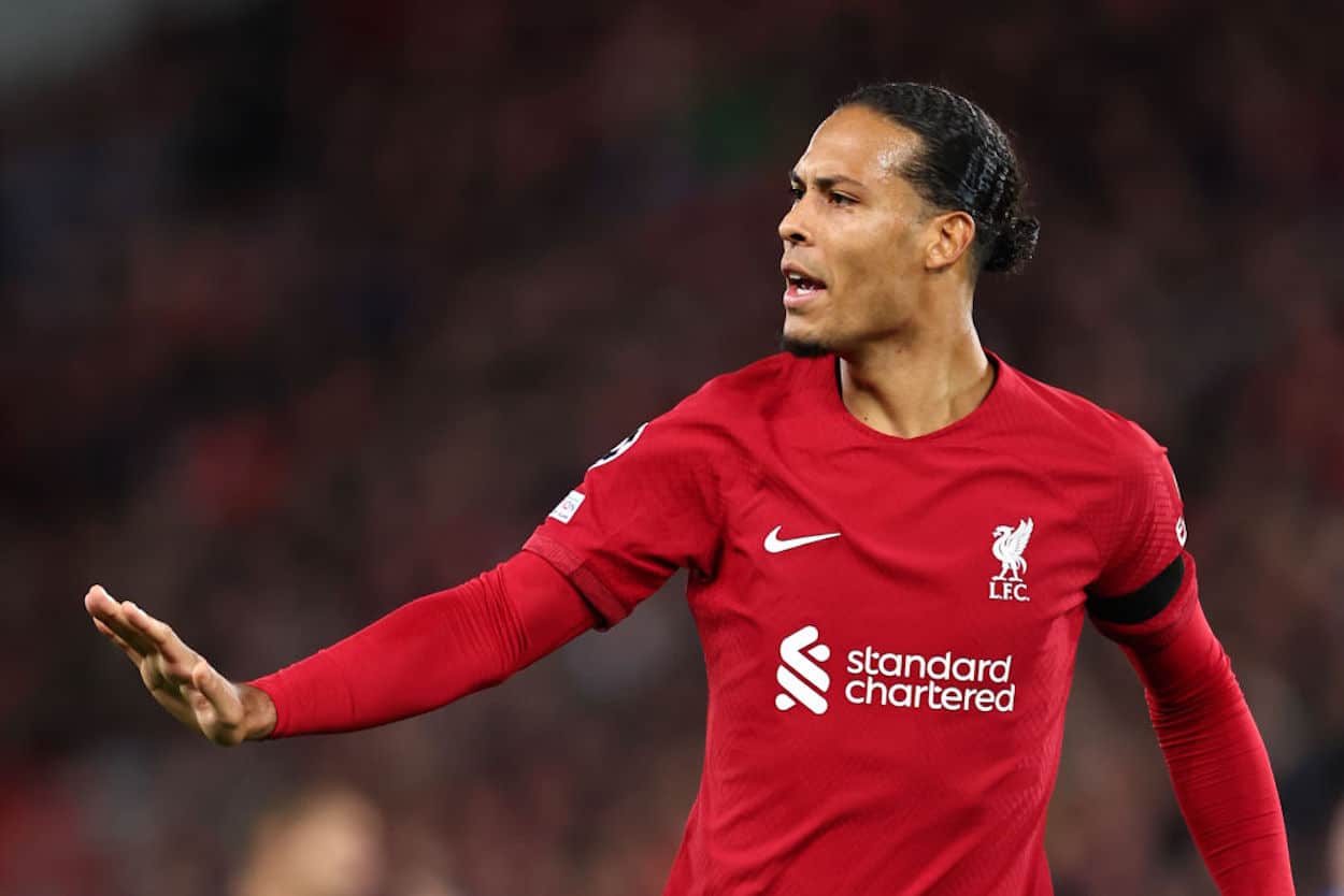 Liverpool defender Virgil van Dijk gestures during a Liverpool match.