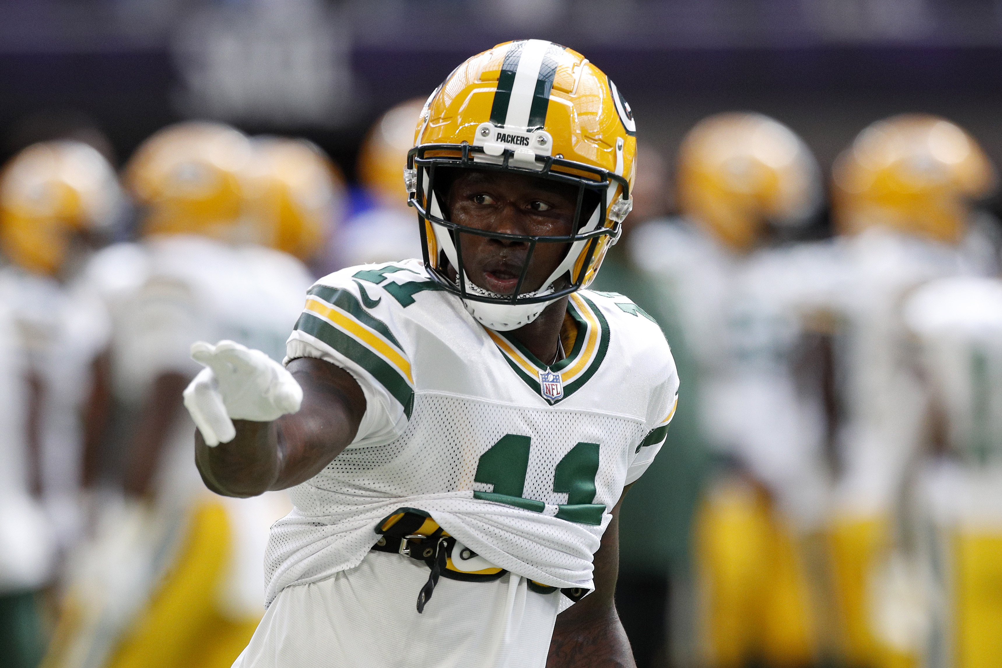 Sammy Watkins of the Green Bay Packers warms up before the game against the Minnesota Vikings.