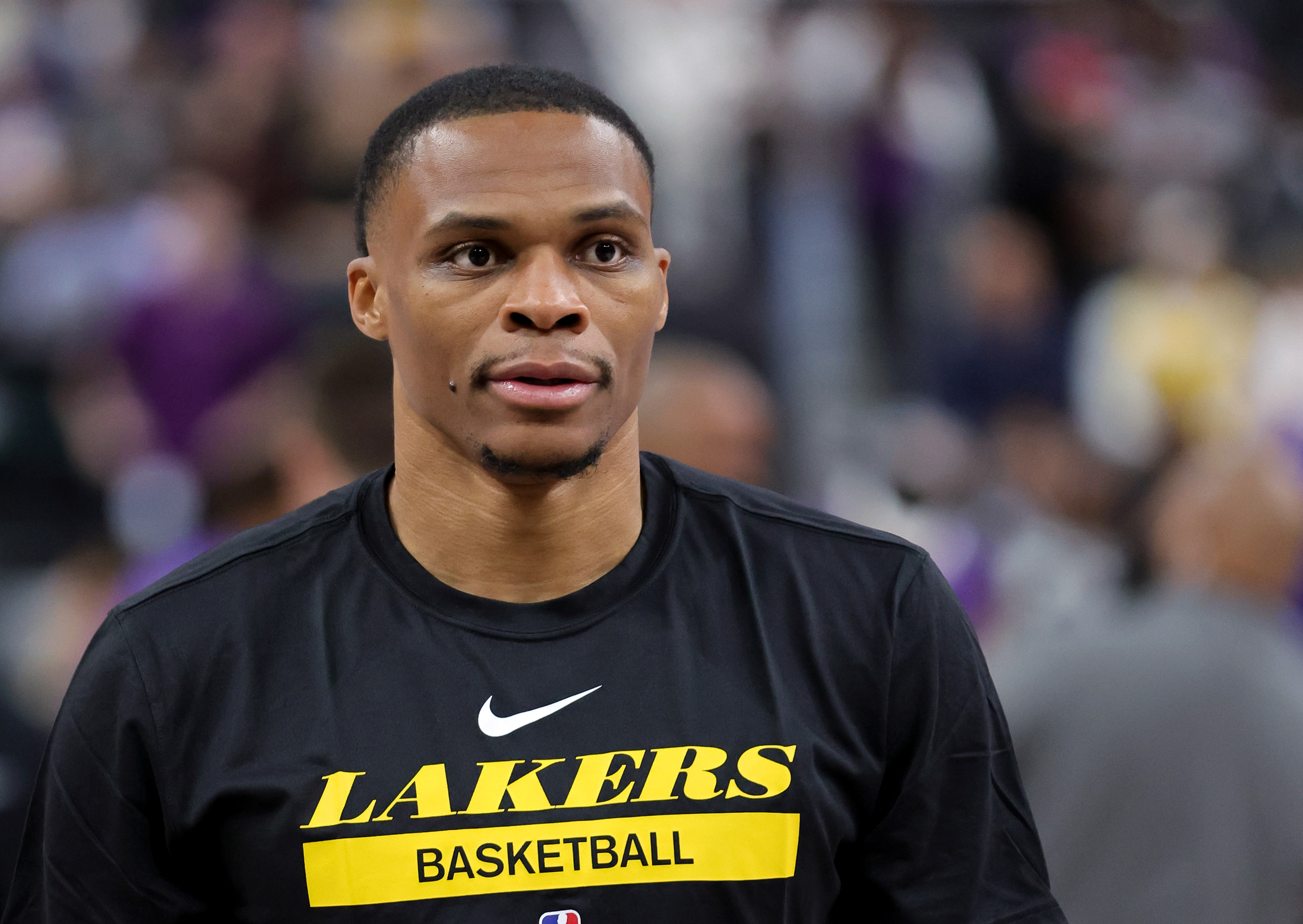 Russell Westbrook of the Los Angeles Lakers warms up before a preseason game.