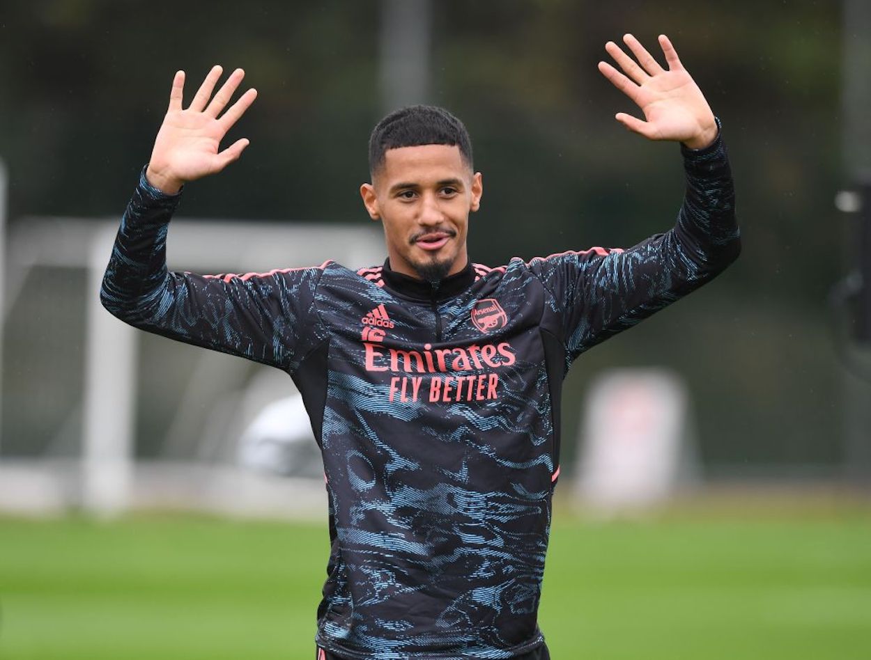Defender William Saliba gestures during an Arsenal training session.