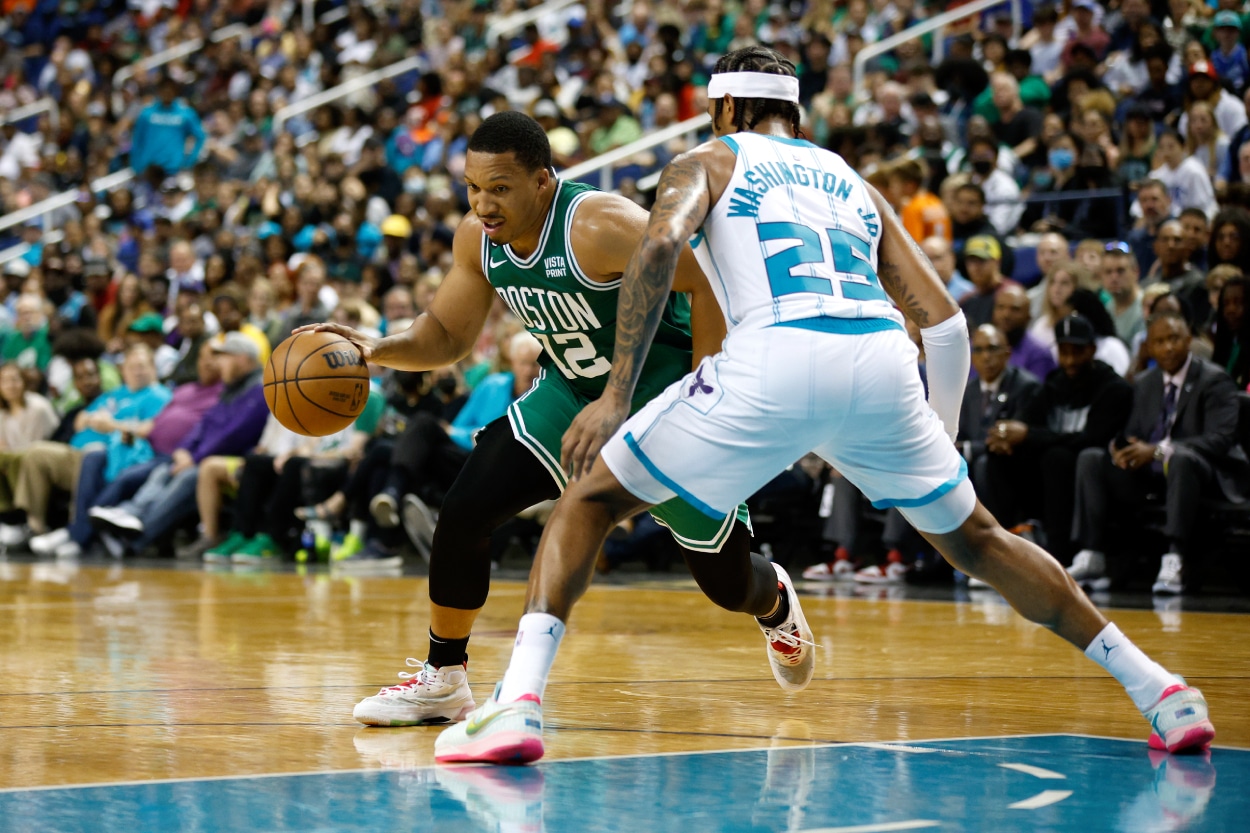 Grant Williams of the Boston Celtics drives to the basket.