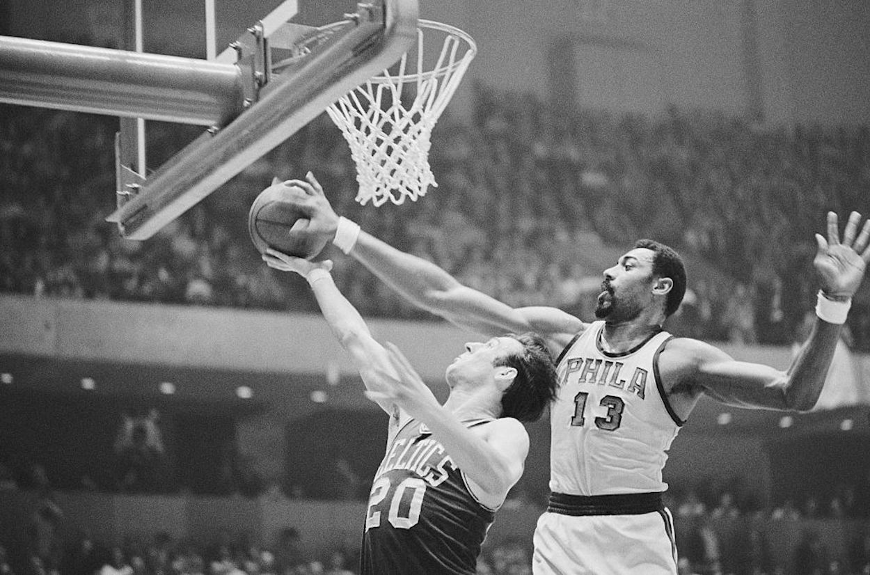 NBA legend Wilt Chamberlain blocks a shot during his time in Philadelphia.